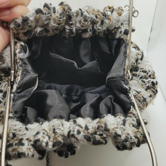 Vintage Jessica McClintock Tweed Handbag Purse Kiss Lock White Black Brown Small - Picture 8 of 11